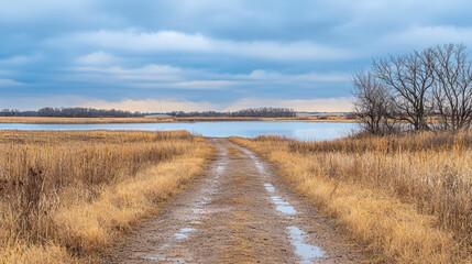 A rustic dirt road leads toward a calm lake under a cloudy sky, framed by golden fields and bare trees in a serene rural landscape on an overcast day.