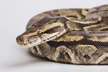 Obraz premium Brown python resting on a plain surface during bright indoor lighting
