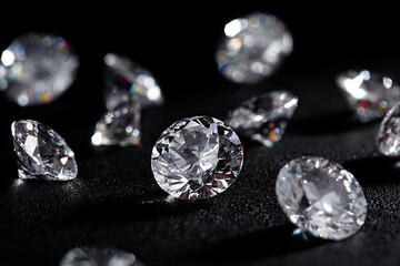 Close-up of multiple sparkling gemstones arranged against a dark backdrop