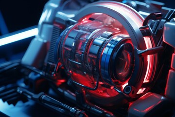 Advanced technology engine with a vibrant red light at its core