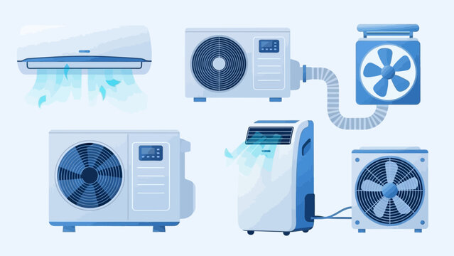 Modern Air Conditioning Systems Collection Including Split Unit, Portable Cooler, Outdoor Compressor, and Ventilation Fans for Climate Control Solutions.