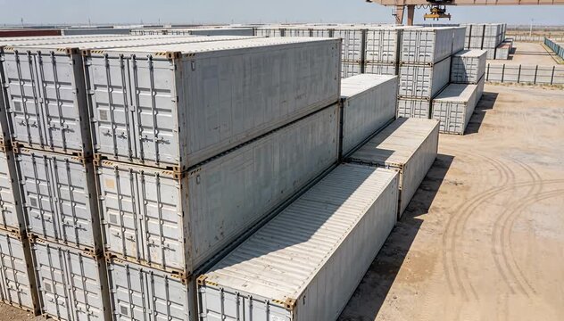 Stacked shipping cargo containers in logistics yard, freight storage and intermodal transport.