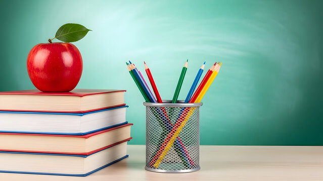 A stack of books with an apple and colored pencils on a desk in a classroom setting - Powered by Adobe