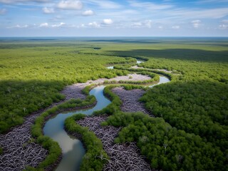 Serpentine river meanders through vibrant green dense mangrove forest under a clear blue sky with fluffy white clouds, aerial drone perspective, natural landscape beauty.