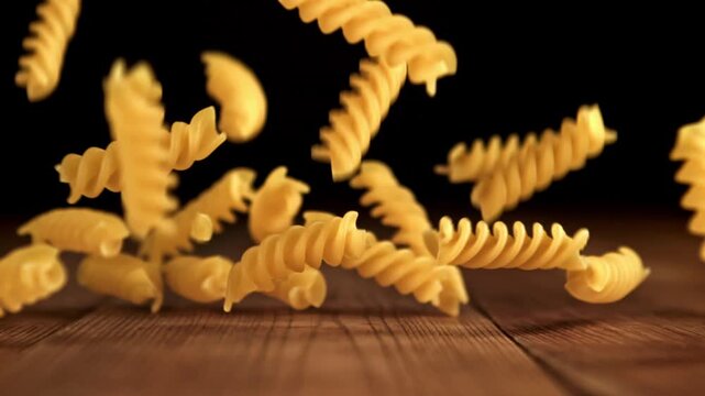 Super slow motion fusilli pasta dry . Filmed on a high-speed camera at 1000 fps. High quality FullHD footage