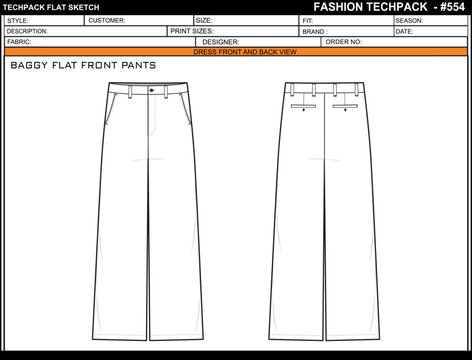 BAGGY FLAT FRONT PANTS EASY EDITABLE EMPTY TECHPACK LAYOUT TEMPLATE DESIGN