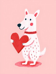 Pink dog holding big red heart. Cute cartoon animal illustration with textured fur for valentine card or child design.