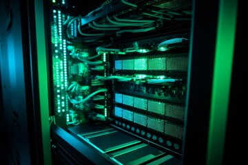 Server rack with blinking lights and cables inside a modern data center cabinet