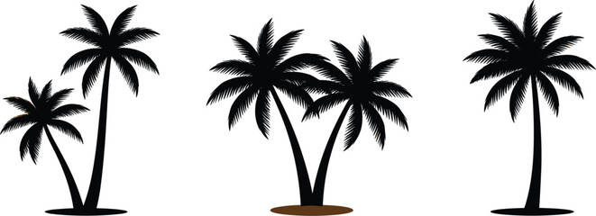 Set of black palm tree silhouettes with various tropical coconut tree designs for summer vacation and beach themes. © Hafizul