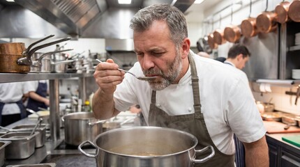 Experienced male chef tasting simmering soup with spoon in modern restaurant kitchen, quality control and seasoning check, professional cooking, gastronomy service