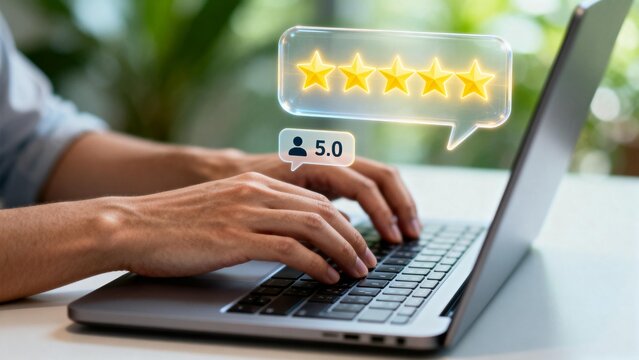 Person typing on laptop with five star rating