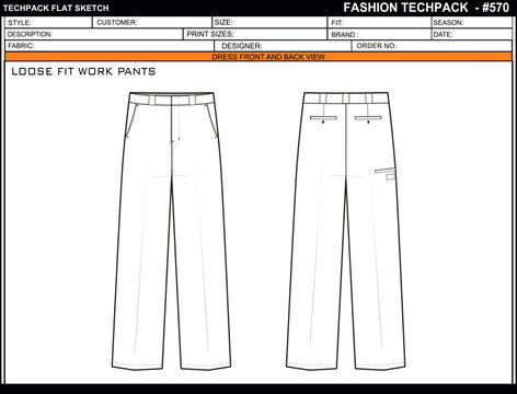 LOOSE FIT WORK PANTS EASY EDITABLE EMPTY TECHPACK LAYOUT TEMPLATE DESIGN