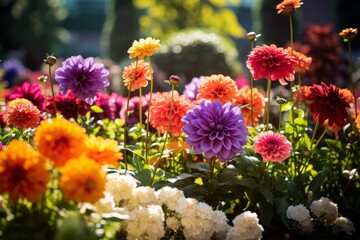 Colorful dahlia flowers blooming brightly in a vibrant summer garden under dappled sunlight