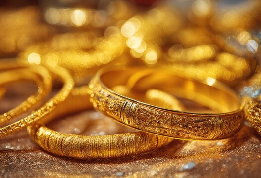 Close-up of ornate gold bracelets and necklaces, glittering on a textured surface