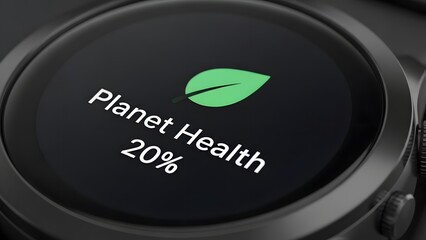 Planet health meter on smartwatch screen showing 20 percent