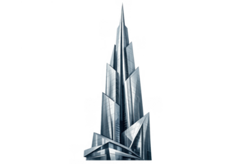 Futuristic skyscraper building with modern glass architecture creating a tall urban tower on transparent background