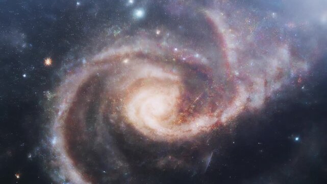 Stunning CGI animation of a majestic spiral galaxy rotating slowly in the dark universe, showing vast cosmic stellar dust and billions of stars.