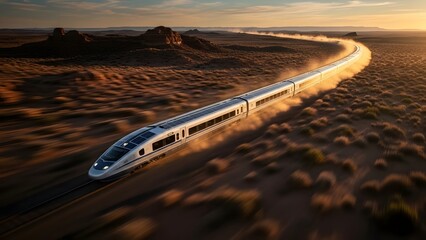 High-speed train traveling through desert landscape at sunset