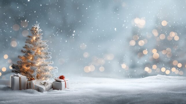 A silvery Christmas tree in a snowy scene with wrapped gifts beneath.