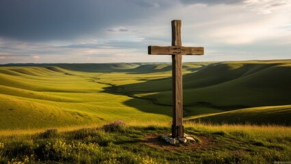 Wooden cross silhouette at sunset in hill field landscape. Symbol of faith, hope, and sacrifice for Christian concept and spiritual journey.