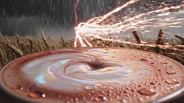 Rain Splashing Into Circular Mud Puddle in Field, Macro Shot