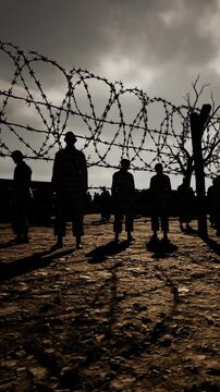 Silhouette of prisoners behind barbed wire