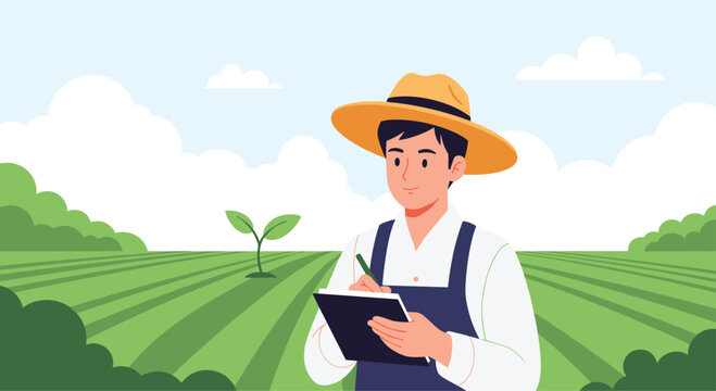 Professional farmer wearing a straw hat and apron standing in a green field and taking notes on a clipboard under a bright sky with clouds.
