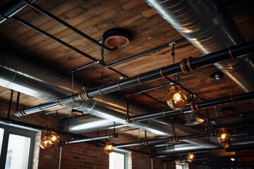 Exposed pipes, ventilation ducts, and spherical edison bulbs creating an industrial loft aesthetic