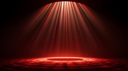 Dramatic red light beams radiate from above, illuminating a circular platform below, creating a captivating atmosphere for artistic or performance settings