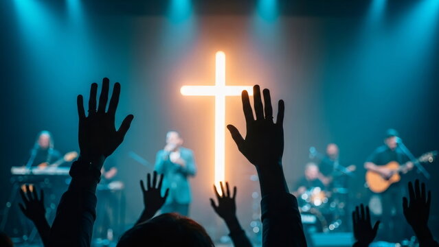 Crowd of people raising hands in worship during church service with cross and band on stage. Christian faith gathering for praise and prayer. Worship services of Baptists, Pentecostals, Protestants.