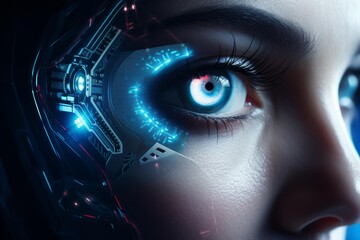 Close up of a cyborg woman revealing advanced bionic eye technology, highlighting the fusion of human and machine