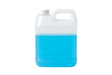 Plastic jerrycan bottle filled with blue liquid detergent or chemical cleaner container isolated on transparent background