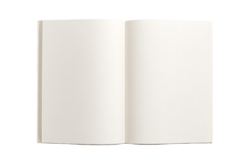 Open blank book mockup with clean white pages for magazine or catalog design isolated on transparent background