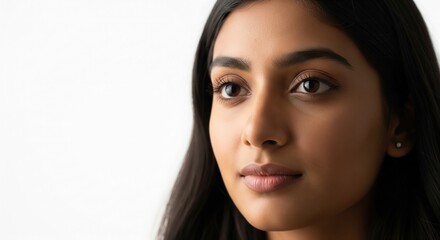 Obraz premium Hopeful Calm Expression – Indian Woman Emotional Portrait on White Background