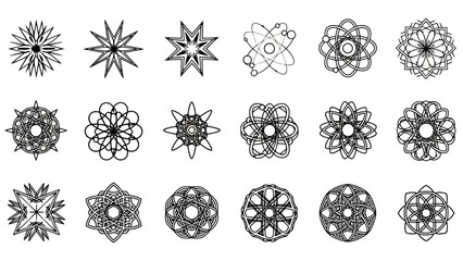 A collection of 18 intricate geometric circular patterns and designs, showcasing symmetry and complexity. © nabila