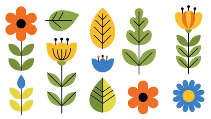 A vibrant collection of stylized, flat design floral illustrations and botanical elements in a cheerful color palette. © Adit
