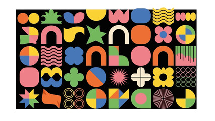 A vibrant and abstract geometric pattern featuring a diverse collection of colorful shapes on a black background.
