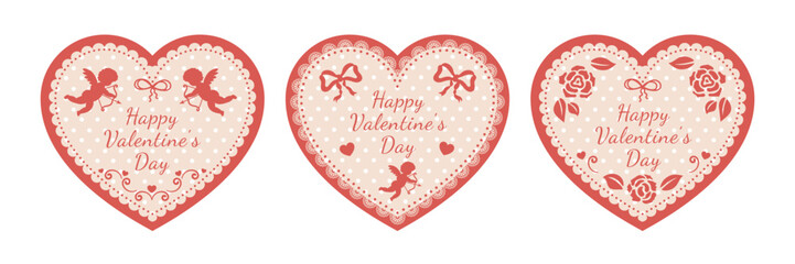 Set of heart-shaped Valentine's cards. Retro vintage style. Cupids, bows, and flowers. Greeting card, gift sticker. Vector illustration.