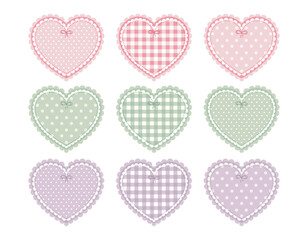 A set of romantic hearts in checkered, polka dots, and with daisies. Delicate pastel colors. Retro design. Valentine's card, sticker. Vector illustration.