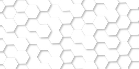 Naklejka premium Abstract white grid presentation surface mosaic and tiles minimal tech bee website science element grid overlay white hexagon futuristic technology geometric texture background.