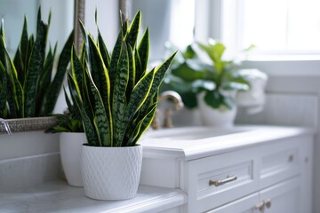 Close-up of potted snake plant in bathroom with a mirror reflection and other indoor plants