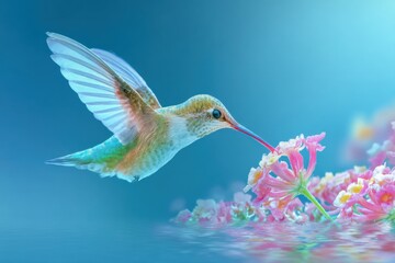 Obraz premium High-Quality Ruby-throated Hummingbird Pollinating Lantana Flowers Inspiring Botanical Content for Gardening and Lifestyle Marketing