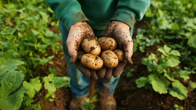 Farmer holding freshly harvested potatoes in muddy hands over green plants in agricultural field motion