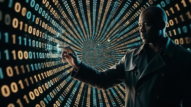 man uses gesture to access virtual network interface. technology visual shows data and binary digit tunnel. cybersecurity and artificial intelligence concepts drive interaction. dark cinematic mood.