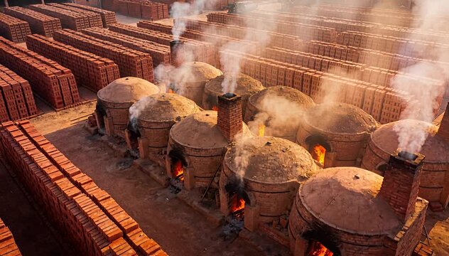 Aerial view of traditional brick kiln firing with smoke plumes rising, illuminating brick stacks, chimney.
