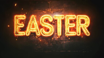 Neon orange easter sign glowing on dark brick wall with flying golden particles and cinematic fiery light effects