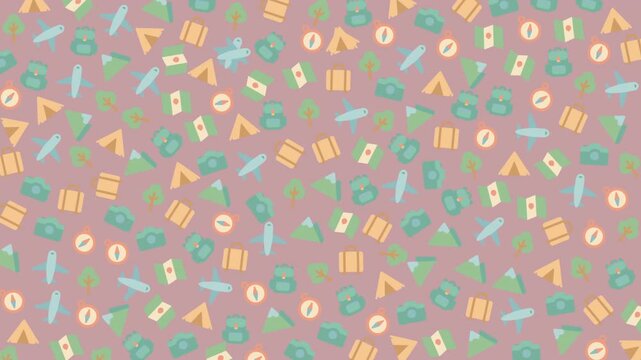 Displays a pattern of various camping related objects on a pink background. Suitable for campingthemed designs, outdoor enthusiasts, and adventure graphics.