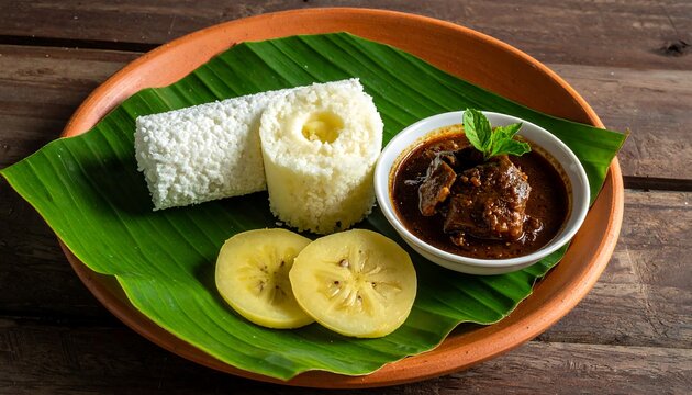 Kerala Breakfast - Puttu, Kadala Curry, and Banana on Banana Leaf.
