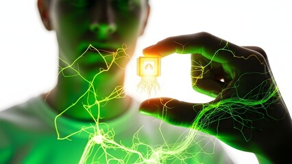 Man holding glowing microchip with neural network connections