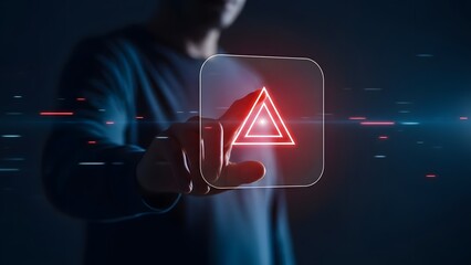 A person interacting with a futuristic warning symbol on a digital screen